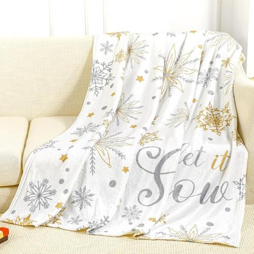 Buryeah 50'' x 60'' Winter Snowflake Throw Blanket White Let It Snow Blanket Plush Warm Gold Silver Christmas Winter Decor for Sofa Couch Bed