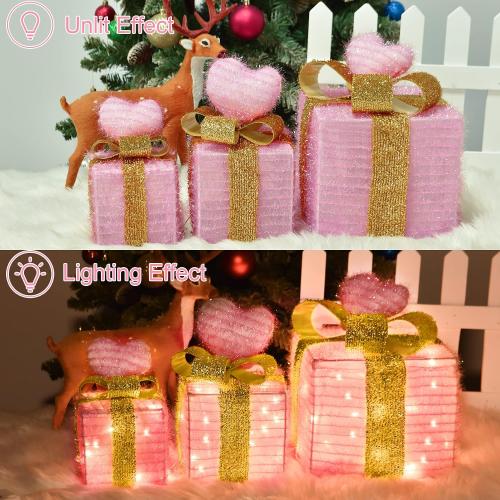 Pink Christmas Decor Light up Gift Boxes with Heart, Light up Xmas Boxes with Battery Operated for Wedding Christmas Valentine's Day Decorations Indoor and Outdoor (3 Pack) (Pink Heart)