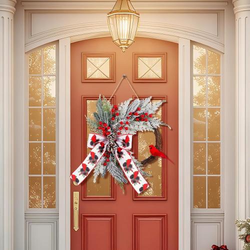 Hoteam 16 Inch Christmas Wreaths for Front Door Cardinal Christmas Ornaments Xmas Winter White Red Bird Berry Clusters Pine Cones Decor for Xmas Holiday Indoor Outdoor Home Window Gift