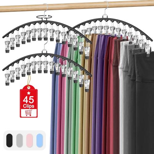 3 Pack Legging Organizer for Closet Hanging, Pants Hangers with Clips Holds 45 Leggings, Shorts, Skirts, Jeans, Hats, Pants Hangers Space Saving Clothes Racks Closet Organizers and Storage, Black
