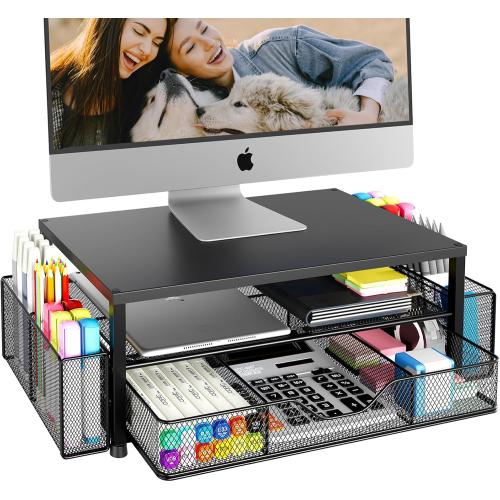 OPNICE Desk Organizer and Accessories, 2-Tier Computer Monitor Stand Riser with Drawer and 2 Pen Holders, Laptop Stand, Office Desk Accessories for Office Supplies, Black