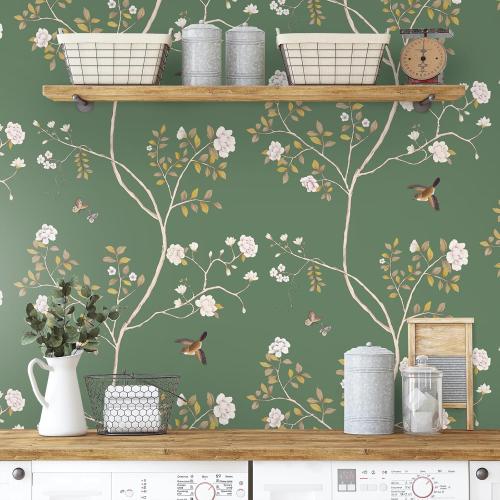 Hopepak Floral Wallpaper Peel and Stick Green Branch Bird Wallpaper for Bedroom Self Adhesive Removable Wall Paper Floral Contact Paper Cute Wallpapers for Bathroom Decor 16.1''x78.7''