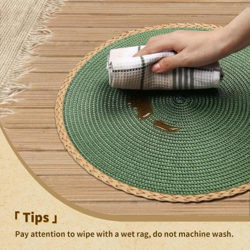 Green 15 Pack of 8 Noctiflorous 15 Inch Round Braided Placemats Set of 8 Washable Wipeable Easy Clean Heat Resistant Woven Dining Table Mats Decor for Holiday Parties Indoor Outdoor Daily Use(Green Thin Edge, 8)