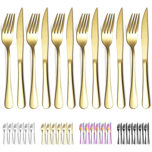Evanda Gold Steak Knives Set 12 Piece, Gold Titanium Plating Stainless Steel 6 Dinner Forks and 6 Dinner Knives Set, Steak Knives Steak Forks, Dishwasher Safe