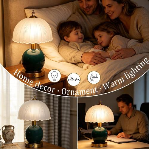 Vintage Ceramic Table Lamp, 12 Cordless Rechargeable Bedside Lamp with Stepless Touch Dimming, Emerald Green Modern Desk Light for Living Room, Bedroom, and Office Decor