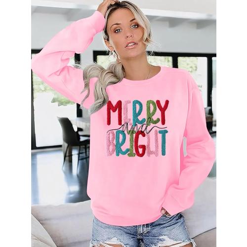 Merry Christmas Sweatshirts Women Merry And Bright Christmas Pullover Top Chenille Patch Letter Printed Xmas Gifts Top