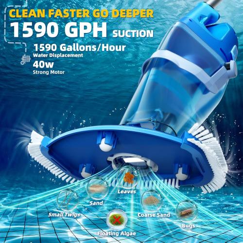 Cordless Pool Vacuum Above & Inground Pools, Powerful 1590 GPH Suction,Handheld Telescopic Pole up to 85.45, 1H Runtime, 2L Debris Bin, Rechargeable Pool Cleaner for Spas & Hot Tubs
