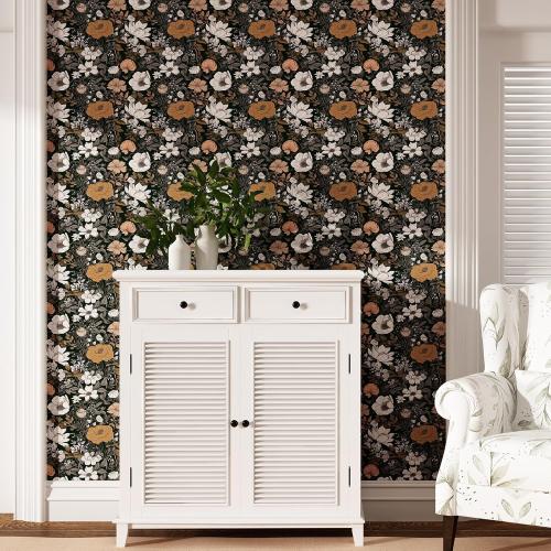 Vintage Floral Peel and Stick Wallpaper Dark Boho Botanical Removable Wallpaper for Renters Thick Waterproof Self Adhesive for Bedroom Bathroom Contact Paper for Home Decor (Black&Golden,15.7x118)