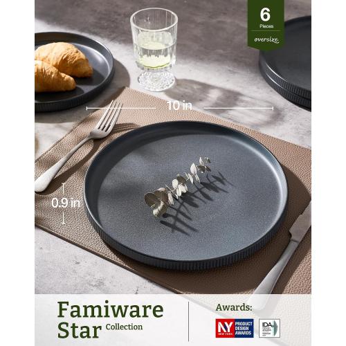 famiware Star Dinner Plates for 6, 10 inches Plate Set, Scratch Resistant, Stoneware Dinnerware, Kitchen Modern Rustic Serving Dishes, Matte Dark Charcoal (Full Glaze)