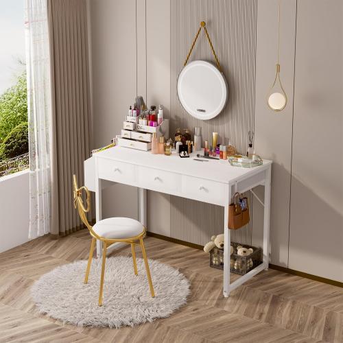 Small White Computer Desk with Fabric Drawers for Home Office Bedroom, 40 Inch Vanity Desk with Drawer Storage and Side Pouch, Study Writing Table, White