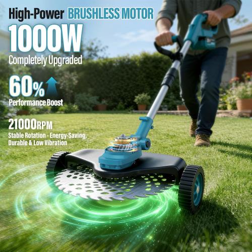 21000RPM Electric Weed Wacker Cordless-8000mAh, 1000W Weed Eater Battery Powered with Wheel, Adjustable Length, 4‑in‑1 Lightweight Grass Trimmer/Brush Cutter/Weed Trimmer/Edger Tool for Garden Yard