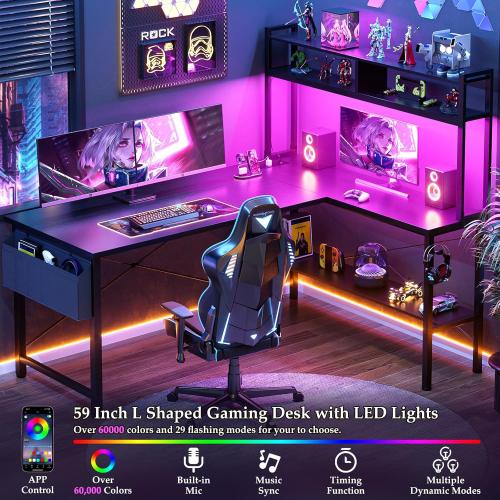 Aheaplus L Shaped Desk Gaming Desk, 59 L Shaped Computer Desk with LED Light & Power Outlet, Reversible Home Office Desk Gamer Desks with Shelves & Storage Bag & Hooks, Corner PC Desk, Black