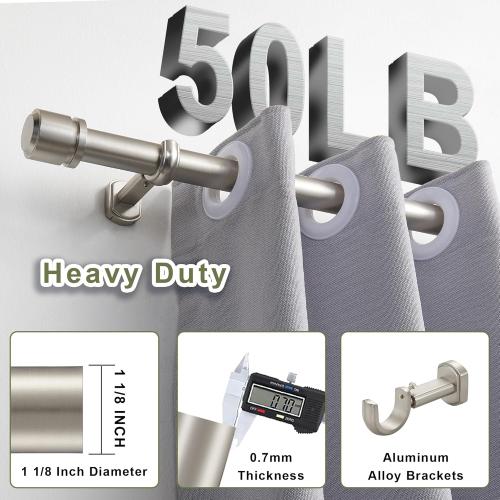 1 1/8 Inch Diameter Curtain Rods 36 to 72 Inches(3-6ft), Telescoping Heavy Duty Large Drapery Rod with Adjustable Aluminum Alloy Bracket, Solid End Caps for Windows Patio Decoration, Brushed Nickel
