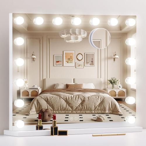Vanity Mirror with Lights,Makeup Mirror with Lights with 17 Dimmable LED Bulbs, 3 Color Lighting Modes Detachable 10X Magnification Mirror Touch Control, 23.6X19,7 inch, White