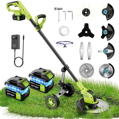 Green 12 Kihoplly Stringless Weed Wacker Cordless Eater, 21V 3000mAh*2 Battery Powered Grass Trimmer Brush Cutter, 3-in-1 Wheeled Lawn Edger with Blades, Electric String Trimmer 2 Batteries and Charger