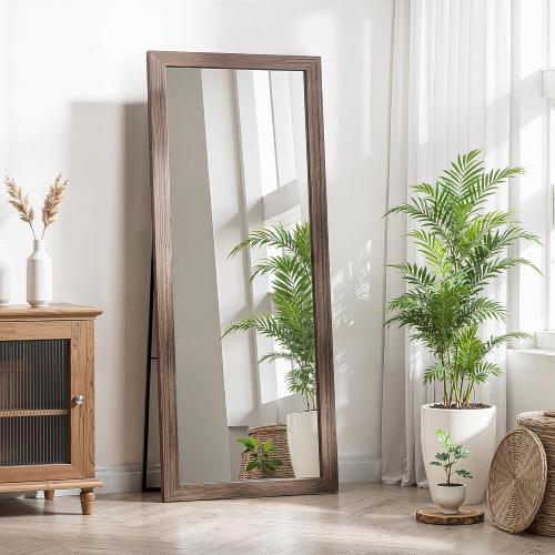 Size 56x20 Color brown Full Length Wooden Mirror for Wall or Floor, 56x20 Rustic Farmhouse Solid Wood Frame with Stand, Large Rectangular Wall-Mounted or Leaning Mirror for Bedroom, Living Room, Entryway