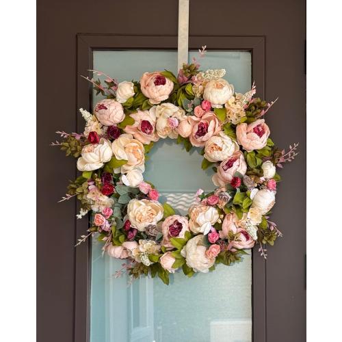 Zoey 23 Blush Burgundy Silk Peony Flower Wreath, All Season Artificial Floral Wreath for Front Door, Indoor Outdoor Rustic Farmhouse Home Decor, Spring Summer Wedding Wall Decoration