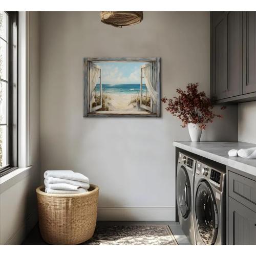 Window View Coastal Canvas Wall Art Vintage Country Ocean Seascape Painting Picture Wall Decor Rustic Nature Beach Scene Poster Print Artwork for Living Room Bathroom Bedroom Home Decoration FRAMED