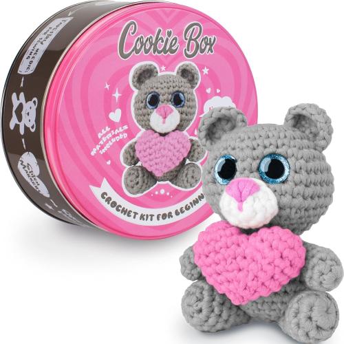 Cookie Box Original Crochet Kit for Beginners – Gift Set to Make Bear Ted Amigurumi Plushie – Easy DIY Crochet & Knitting Starter Kit with Video and PDF Tutorials