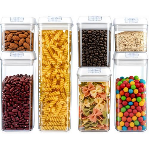 Airtight Food Storage Containers with Lids 7 pcs Plastic Kitchen and Pantry Organization Canisters for Cereal, BPA Free Kitchen Canisters for Spaghetti, Pasta, Dry Food, Flour and Sugar
