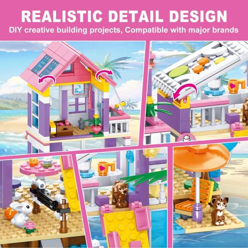 955 Piece Beach House Building Set,Seaside Beach Villa Building Toys Friends Vacation Hut Blocks Set,STEM BuildingToys with Helicopter,Yacht,Sailboat,Christmas Birthday Gift for Girl Age 6-12