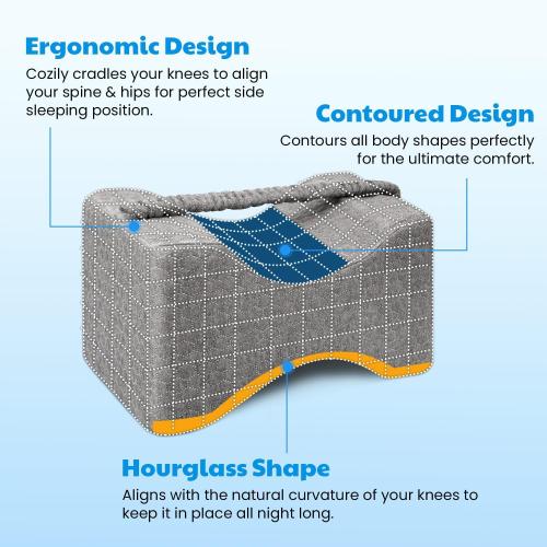 Memory Foam Knee Pillow, Leg Pillow for Side Sleeping, Contour Support Ergonomic Knee Pillow with Cover and Strap, for Side Sleepers, Spine Alignment, Hip, Back and Joint Pain Relief