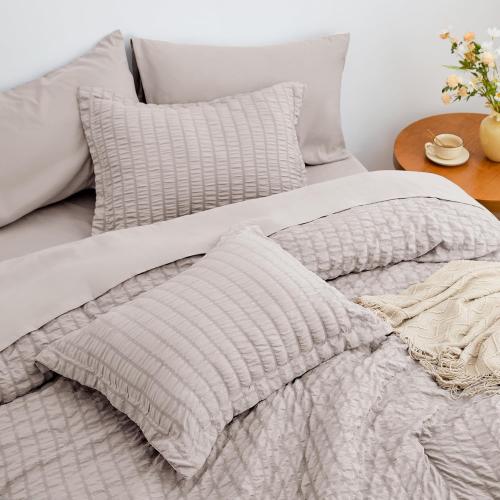 Love's cabin Seersucker Burlwood Queen Comforter Set 7 Pieces, Queen Bed in a Bag, All Season Bedding Set with Comforter, Flat Sheet, Fitted Sheet, Pillowcase and Pillow Sham