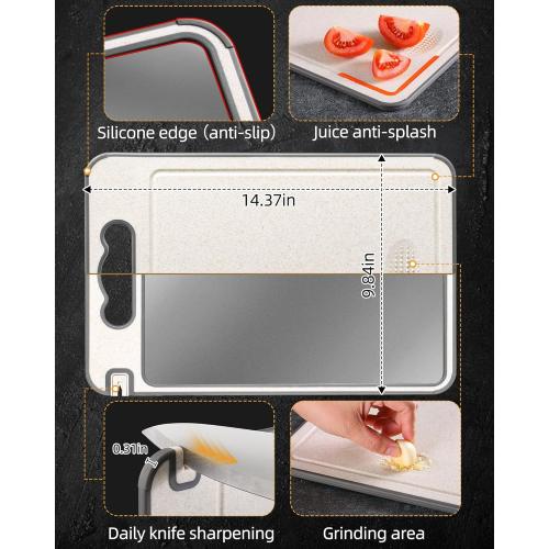 Titanium Cutting Board Double Sided for Kitchen,Knife Sharpener & Garlic Grater Wheat Straw   PP with Juice Groove Large Chopping Board（15×10In） Kitchen Necessities for Home