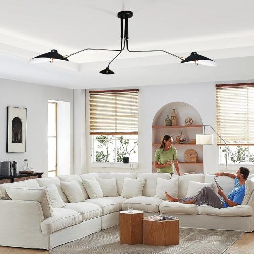 63 Mid-Century Modern Chandelier, Matt Black Adjustable 3-Arms Large Pendant Lighting Fixture for Bedroom Dining Room Living Room Kitchen Island 3-Light
