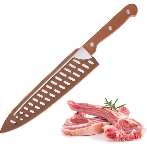 OLULU 8 inch Chef Knife, Razor Sharp Kitchen Knife with Protective Knife Sheath, Razor Sharp Slicing Knife with Ergonomic Handle, German Stainless Steel, Dishwasher Safe (Brown Color)
