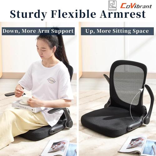 Ergonomic Floor Chair Foldable - Adjustable Armrest & Mesh Back, Thick Cushioned Seat for Gaming Reading Meditation, Multi-Use for Living Room, Bed, Tatami
