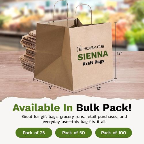 EKOBAGS SIENNA 100 | Extra Large 12x8x13 Heavy Duty Kraft Paper Gift Bags with Handles | 115 GSM Premium Brown Paper Bags Bulk for Small Business, Boutique, Shopping, Catering | FSC Certified, Recyclable | Holds 10 lbs