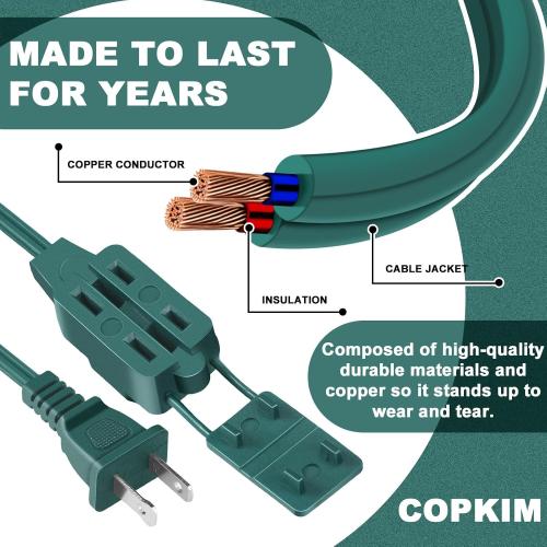 2 Pack Indoor Extension Cord 12 Feet Green Include 3 Polarized Outlets with Protective Plug Cap 18 Gauge 125 Volts 2 Prong Christmas Lights Extension Cord for Holiday Xmas Home Office