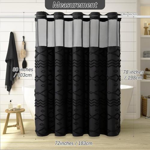 No Hooks Required Boho Farmhouse Shower Curtain Tufted Chevron Striped with Snap in Liner - 72W x 80H, Water Resistant Hotel Grade Spa Like Bathroom Curtain Set, Black