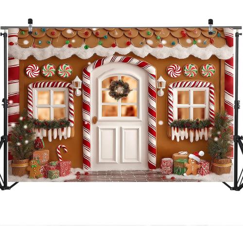 Mocsicka Gingerbread Christmas Backdrop Christmas Candy Cane Party Background Decorations Gingerbread House Family Holiday Party Photography Decorations Props (7x5ft)