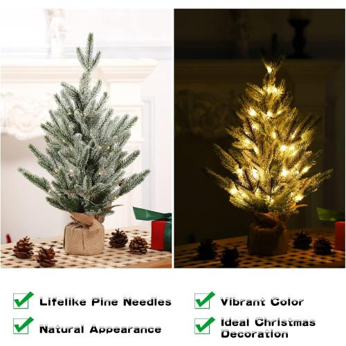 LinTimes 24 Inch Table Top Small Christmas Tree with 50 LED Lights, Prelit Mini Christmas Tree Frosted Pine Tree with Red Berries for Home Table Centerpiece Dining Room Office Desk Decorations