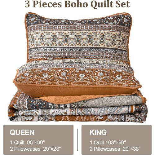 WONGS BEDDING Boho Queen Quilt Set, Brown and Grey Bohemian Quilt Bedding Set, Fall Lightweight Bed Decor Bedspread for All Season Reversible Microfiber Coverlet Bedding Set 96x90(3 Pieces)