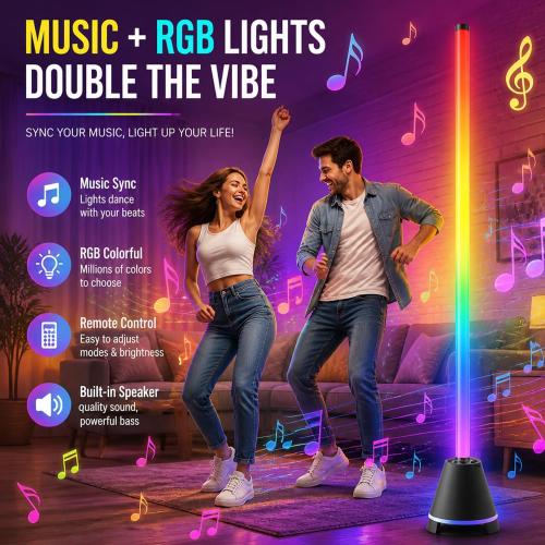 RGB Corner Floor Lamp With Speaker, Smart App Control Ambient Light, Music Sync LED Standing Lamp With Remote, Timer & Dimmable, Modular Height Adjustable, Mood Light For Living Room Gaming Bedroom