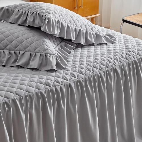 Ruffle Skirt Bedspread Set - 30 Long Drop - Vintage Chic Ruffled Summer Coverlet Bed Spreads Quilt Boho Bedding Farmhouse Style Lightweight Luxurious Rustic 3 Piece Set Queen Size Gray