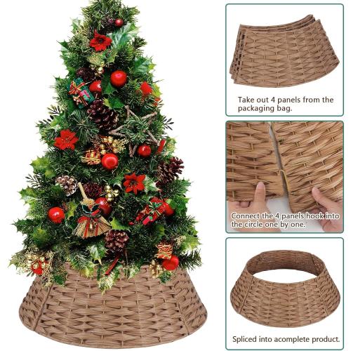 Rattan Christmas Tree Collar, 24in Tree Collar Round Handwoven Disassemble, Light Brown Christmas Tree Collars Wicker Rustic Metal Frame Decoration