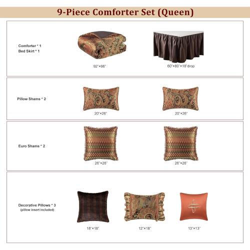 Loom and Mill 9-Piece Jacquard Comforter Sets Queen, Classic Paisley Design Bed in a Bag, Luxury Vintage Damask Bedding Set with Euro Shams, Bedskirt, Filled Decorative Pillow for Home(Queen)