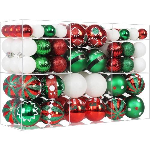 100PCS Red White and Green Christmas Ornaments,Elf Ornaments for Christmas Tree, Glitter and Shiny Assorted Shatterproof Hanging Balls Decor Baubles Set for Party/Home/Garland/Wreaths