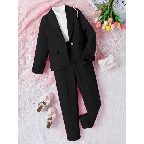 Milumia Girl's 2 Piece Outfits Button Open Front Long Sleeve Blazer and Pants Fall Suit Set Black***
