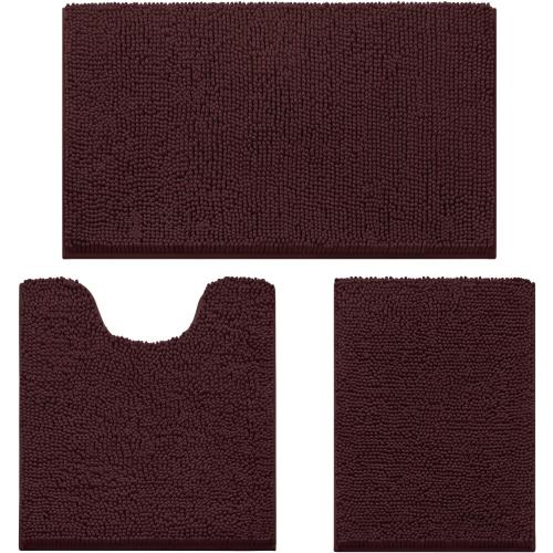 3 Pieces Bathroom Rugs, Ultra Soft Non Slip Absorbent Chenille Toilet Bath Mat Set (Brown,17x24 20x32 U Shape 20x24)