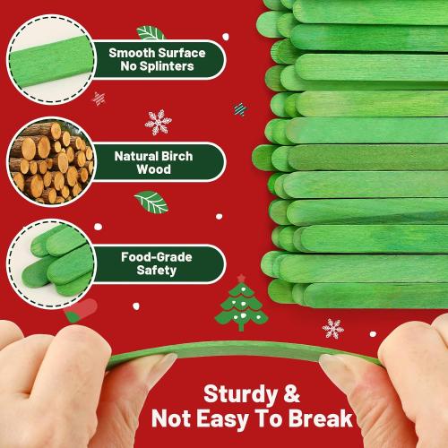 JANYUN 300 Pcs Green Popsicle Sticks for Crafts, 4.5 Inch Christmas Wooden Ice Cream Craft Sticks Popsicle Sticks for Waxing Christmas Valentines Day DIY Crafts Creative Designs Education