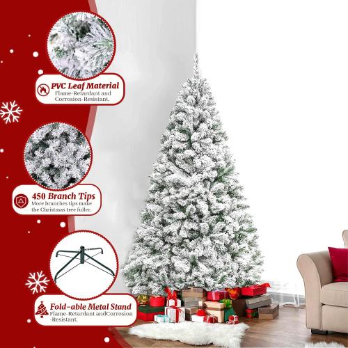 9ft Flocked Artificial Christmas Tree, Arbol de Navidad with 450 Branch Tips, Fake Christmas Tree, Premium Spruce Xmas Tree with Fold-Able Metal Base Stand