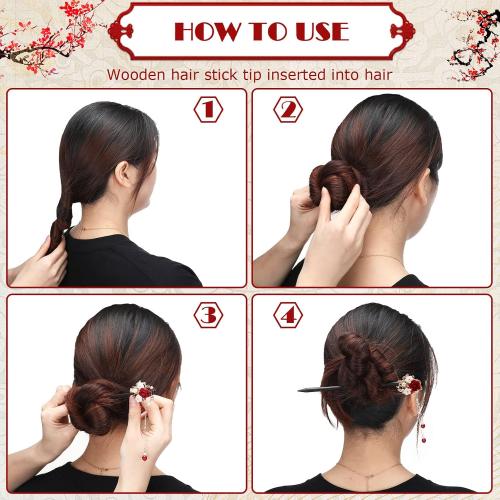 WILLBOND 6 Pcs Hair Sticks for Women Wooden Chinese Hair Chopsticks Accessories Asian Japanese Floral Stick Retro Tassel Flower Vintage Hairpins Handmade for Hairstyling Long Curly(Elegant Style)