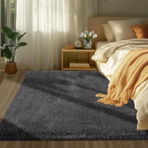 Fluffy Fuzzy Area Rug for Bedroom: Ultra Soft Grey Plush Throw Rug - 4x6