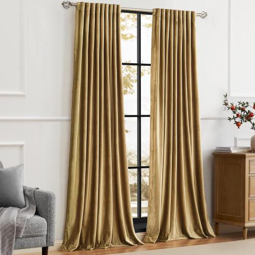 PRIMROSE Golden Velvet Curtains 120 inch Long for Living Room,Set of 2 Panels Blackout Rod Pocket Back Tab Window Treatment Room Darkening Heavy Decorative Curtains Drapes for Bedroom