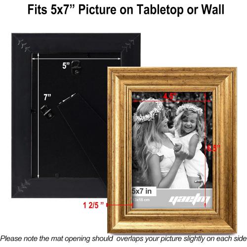 Yaetm 5x7 Gold Picture Frame Set of 4, 1.4” Wide Molding & Rustic Gold Photo Frames 5 x 7 with HD Tempered Glass, Display on Tabletop & Wall Mounting, 4 Pack